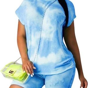 Blue and white TyeDye High Waist Biker Set